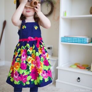 Jessica Ann | Spring Navy Floral Dress with Bright Pink Ribbon Trim